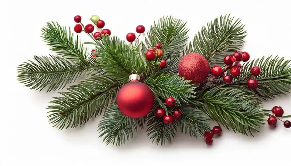 Beyaz arka planda kırmızı böğürtlenli güzel Noel çelengi