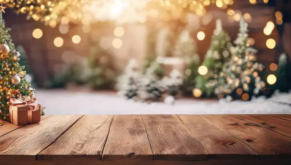 Tahta masanın önündeki Noel ağacı.