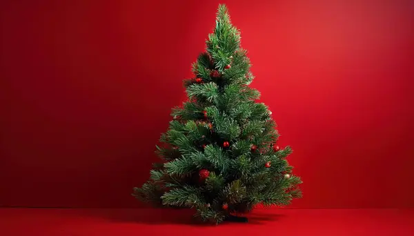 Kırmızı arka planda süsleri olan Noel ağacı