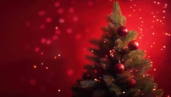 Kırmızı toplu ve altın ışıklı Noel ağacı.