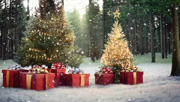 Noel ağacı ve karın altında hediyeler