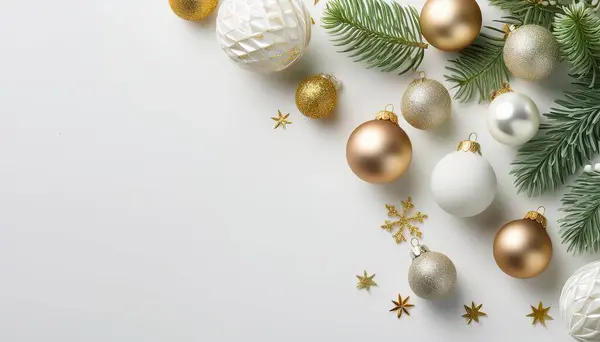 Noel süslemeleri, köknar dalları ve beyaz arka planda altın toplar. Üst görünüm, düz uzanma