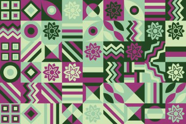 Bauhaus deseni, geometrik şekil. Geometrik mozaik. İskandinav. Geometrik mozaik parmak izi. Eski duvar kâğıdı. Vektör illüstrasyonu