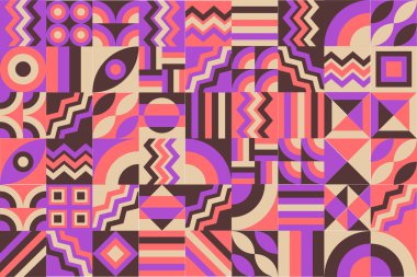 Bauhaus deseni, geometrik şekil. Geometrik mozaik. İskandinav. Geometrik mozaik parmak izi. Eski duvar kâğıdı. Vektör illüstrasyonu