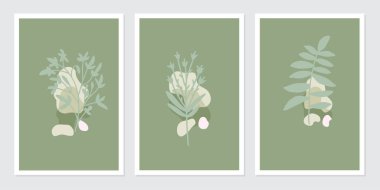 Botanik poster sanat vektörü seti. Çerçevelenmiş duvar baskıları, tuval baskıları, poster tasarımları için soyut bitki sanatı tasarımı