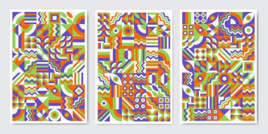 Parlak neon renkli geometrik şekilli vektör soyut sembollerinin geçmişe dönük desenleri, poster tasarımı, dergi ön sayfası, yüksek teknoloji baskısı, kapak kapağı.