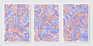 Parlak neon renkli geometrik şekilli vektör soyut sembollerinin geçmişe dönük desenleri, poster tasarımı, dergi ön sayfası, yüksek teknoloji baskısı, kapak kapağı.