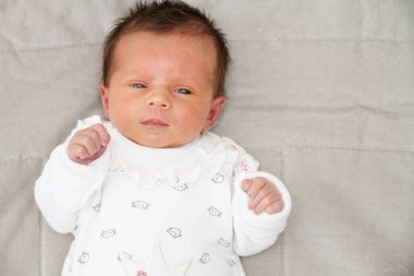 Gri bir battaniyeye uzanmış tatlı bir kızın portresi. Yüksek kalite fotoğraf