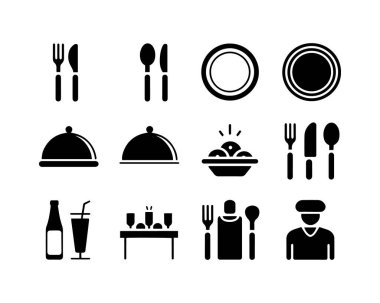Yemek ikonu seti. Çatal, kaşık, bıçak, tabak, saat, tepsi, şef şapkası, içecek, yemek masası ve garson içeriyor. Restoranda, mutfakta çatal bıçak ya da sofra takımı.