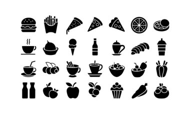 28 kabartmalı yiyecek ve içecek ikonları silueti. İçme suyu, elma yaprağı, paket, mutfak çantası, barbekü ızgarası, ahududu yaprağı, kazan, şarap şişesi ve bardak gibi ikonlar. vektör illüstrasyonu