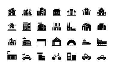 İnşa Satırı Düzenlenebilir Vuruş Simgeleri Ayarlandı. Gayrimenkul, Ev, Daire, Hastane, Otel, Şehir Merkezi, Şehir Merkezi, Müze, Cami, Kilise, Pagoda. Mimari Binalar Simge Vektör İllüstrasyonu .