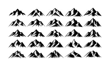 Dağ silueti seti. Rocky Dağları ikonu ya da logo koleksiyonu. Vektör çizimi. Beyaz bir arka planda dağ logosu. Bir dizi siyah kaya ikonu. Macera dolu dağ logoları. Koleksiyon