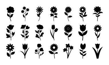 Siyah beyaz basit çiçek ikonları seti. Vektör illüstrasyon doğa doğa bitki şekli. Çiçek yaprağı tabelası ve çiçek toplama dekoratif tarzı. Süs çiçeği..