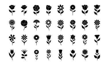 Siyah beyaz basit çiçek ikonları seti. Vektör illüstrasyon doğa doğa bitki şekli. Çiçek yaprağı tabelası ve çiçek toplama dekoratif tarzı. Süs çiçeği..
