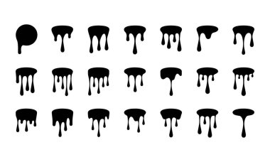 Damlayan çerçeve erimiş sıvı damla mevcut siyah siluet seti. Yumuşak kremalı doku suyu ballı yoğurt çikolata akışı zehir tatlı tatlı graffiti boya ikonu tasarımı çerçeve sınırı izole