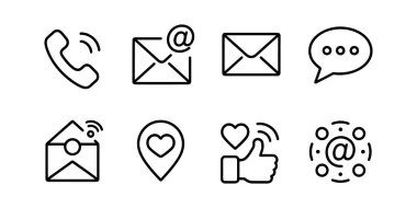 Bağlantı Simgelerinin Koleksiyonu. Simge vektörüyle bağlantı kur. Ev, konum, çağrı, e-posta, adres, dünya, sohbet, mesaj, posta, telefon, bilgi, destek, arama, web sitesi, simge. Vektör İllüstrasyonu.