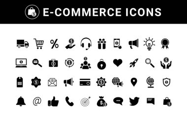 E- ticaret simgesi düzenlenebilir vuruşla ayarlandı. Çevrimiçi alışveriş ikonu koleksiyonu. Vektör illüstrasyonu .