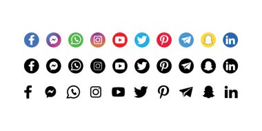 Sosyal medya iletişim simgeleri seti. Sosyal ağ vektör sembolleri koleksiyonu, İletişim simgesi kümesi. Sosyal medya simgesi seti: Facebook, Instagram, Twitter, Youtube, Whatsapp, Telegram Vector