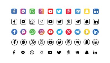 Sosyal medya iletişim simgeleri seti. Sosyal ağ vektör sembolleri koleksiyonu, İletişim simgesi kümesi. Sosyal medya simgesi seti: Facebook, Instagram, Twitter, Youtube, Whatsapp, Telegram Vector