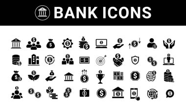  Bankacılık ve Finans ikonu seti. Finans, banka hesabı, ekonomik izometrik kusursuz model. Para, vergi hattı ikonu, insan karakteri, ok. İşle ilgili bilgi. Vektör simgesi .