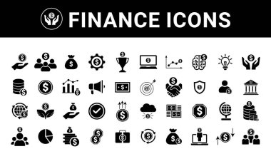 Finans simgesi ayarlandı. Bütçe, tasarruf, gider, gelir, vergi, kredi, beyan, mali yönetim, ipotek ve daha fazlasını içeriyor. Solid vektör simgeleri koleksiyonu.