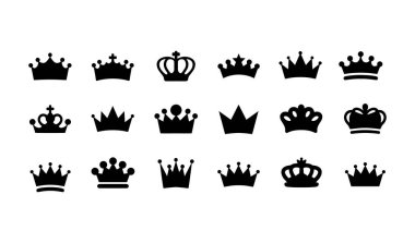 Crown vektörü, siluet, ikon. Crown simgeleri, vektör seti. Taç sembolü ayarlandı. Kral, Prenses taç takıyor. Crown siluet koleksiyonu, vektör. Vektör illüstrasyonu.
