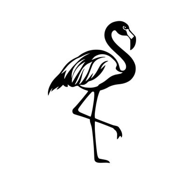Pembe Flamingo ikonu. Pembe flamingo kuşunun siyah bir silueti. Pembe flamingolar en yaygın flamingo türüdür. Tasarım ve web için beyaz bir arkaplanda izole edilmiş vektör illüstrasyonu.