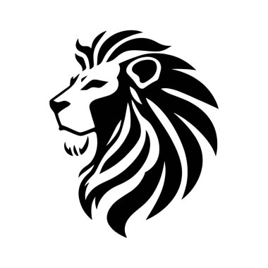 Siyah ve beyaz Aslan baş vektör çizimi simetrik tasarım, logo şablonunuz için, Aslan başı sanat silueti vektör çizimleri.