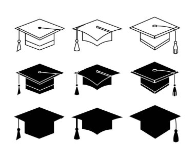  Mezuniyet Şapkaları ve Mortarboard Şapkaları Eğitim ve Akademik Temalar İçin Siyah ve Beyaz Tasarım