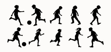 Spor, Fitness ve Okul Temalı Tasarımlar İçin Dinamik Çocuk Etkinliği Simgeleri Oynayan ve Oynayan Çocukların Silüetleri