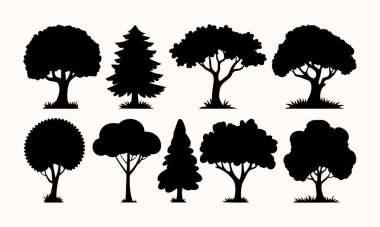Bir grup ağaç silueti simgesi. Ağaç hattı çizim seti, yan görünüm, grafik ağaçları kümesi mimari ve manzara tasarımı için ana hatlar sembolü.