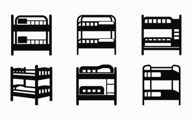 Siluet Yatak Simgeleri Mobilya Tasarımı, Çocuk Odası İçi, Yatak Odası Kurumu ve Ev Dekorasyonu Elementleri İçin Ayarlandı