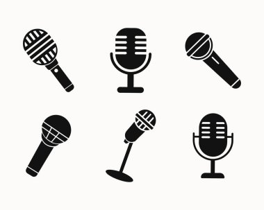 Black Silhouette Mikrofon ve Podcast Müzik Kayıt, Yayın, Ses İçeriği Yaratıcılığı ve Stüdyo Ekipmanı Tasarımı için Simgeleri