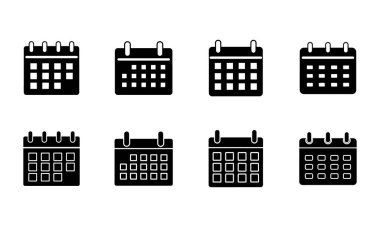 Siyah Siluet Duvar Takvimi Simgeleri Koleksiyonu Aylık Zamanlamaları, Olay Planlama, Teslim Tarihleri ve Ofis Zaman Yönetimi Temsilcileri