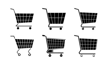 Black Vector Siluet Alışveriş Arabaları Perakende ve Ticaret Simgeleri Süpermarket, Çevrimiçi Alışveriş ve Mağaza Önü Tasarımları