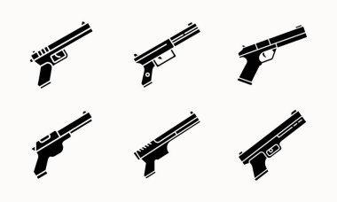 Silah, güvenlik ve kolluk kuvvetleri temaları için siyah-beyaz tabanca ve siluet simgeleri koleksiyonu