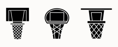 Basketbol potası siluet simgesi seti arka tahtayı, ağı ve kenarı çeşitli stillerde gösterir, spor ve atletizm temaları için mükemmeldir.