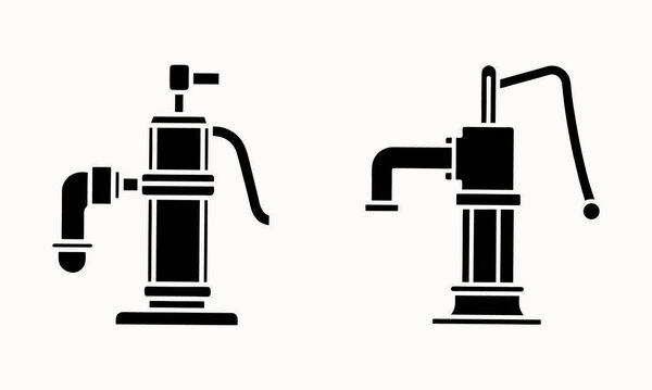 Old style hand water pump silhouette icons used for rural water supply and farming, shown in vintage design