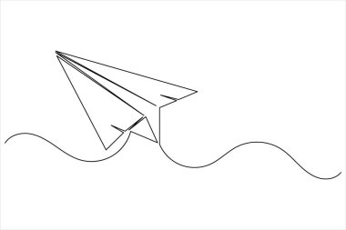 Temiz beyaz arkaplan üzerindeki uçan kağıt uçak illüstrasyonunun bir satır çizimi minimal biçimde