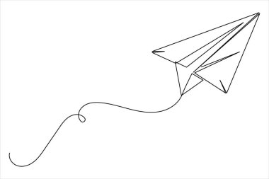 Temiz beyaz arkaplan üzerindeki uçan kağıt uçak illüstrasyonunun bir satır çizimi minimal biçimde