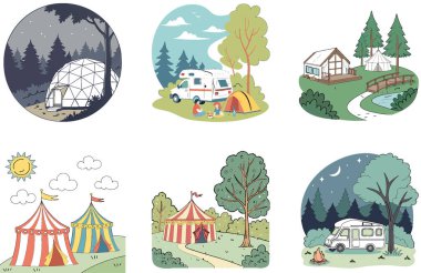 Kamp Paketi. Çiftçi Pazarı Taze Üretim Koleksiyonları. Al, Image Set 'i oluşturdu. Clipart çizgi film deisgn simgeleri