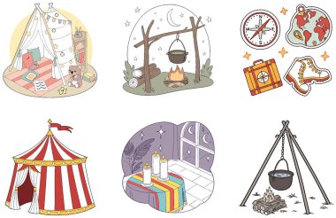 Kamp Paketi. Zürafa Safari Macera Koleksiyonu. Al, Image Set 'i oluşturdu. Clipart çizgi film deisgn simgeleri