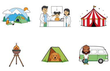 Kamp Paketi. Samimi Sonbahar Kamp Ateşi Toplama Simgeleri. Al, Image Set 'i oluşturdu. Clipart çizgi film deisgn simgeleri