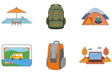 Kamp Paketi. Taşınabilir Balıkçılık Dişli Koleksiyonu Simgeleri. Al, Image Set 'i oluşturdu. Clipart çizgi film deisgn simgeleri