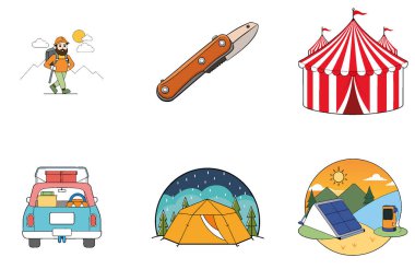 Kamp Paketi. Puslu Orman Çam Toplama Simgeleri. Al, Image Set 'i oluşturdu. Clipart çizgi film deisgn simgeleri