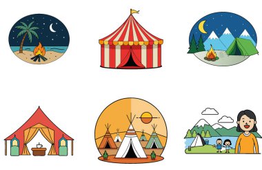 Kamp Paketi. Mutlu Aile Ormanı Macera Toplama Simgeleri. Al, Image Set 'i oluşturdu. Clipart çizgi film deisgn simgeleri