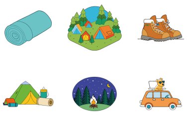 Kamp Paketi. Şenlik Ateşi Plajı Günbatımı Toplama Simgeleri. Al, Image Set 'i oluşturdu. Clipart çizgi film deisgn simgeleri