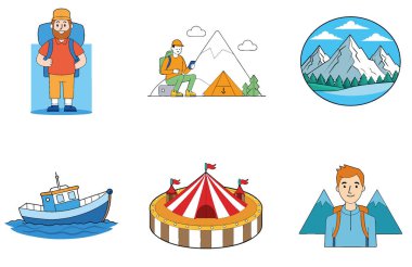 Kamp Paketi. Canlı Açık Hava Karnaval Toplama Simgeleri. Al, Image Set 'i oluşturdu. Clipart çizgi film deisgn simgeleri