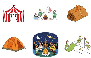 Kamp Paketi. Lüks Çöl Glamping Toplama Simgeleri. Al, Image Set 'i oluşturdu. Clipart çizgi film deisgn simgeleri