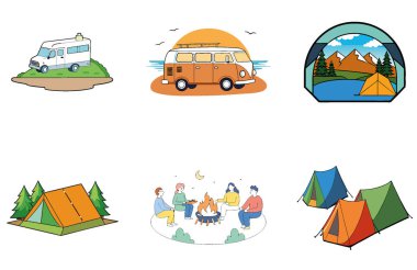 Kamp Paketi. Manzaralı Dağ Manzarası Toplama Simgeleri. Al, Image Set 'i oluşturdu. Clipart çizgi film deisgn simgeleri